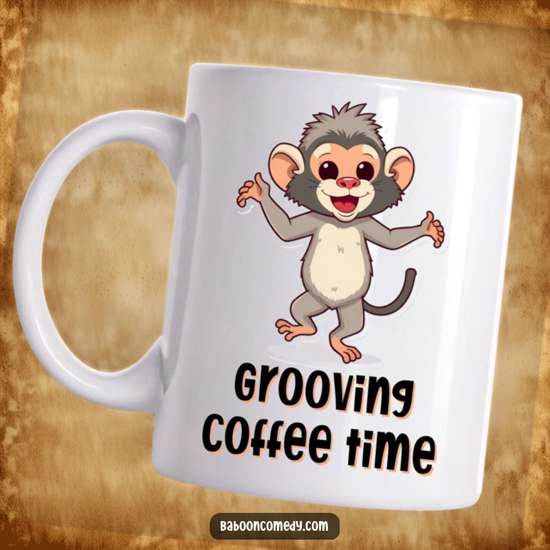 Funny baboon mug depicting a joyful ape dancing energetically with its feet tapping rhythmically, radiating pure fun.