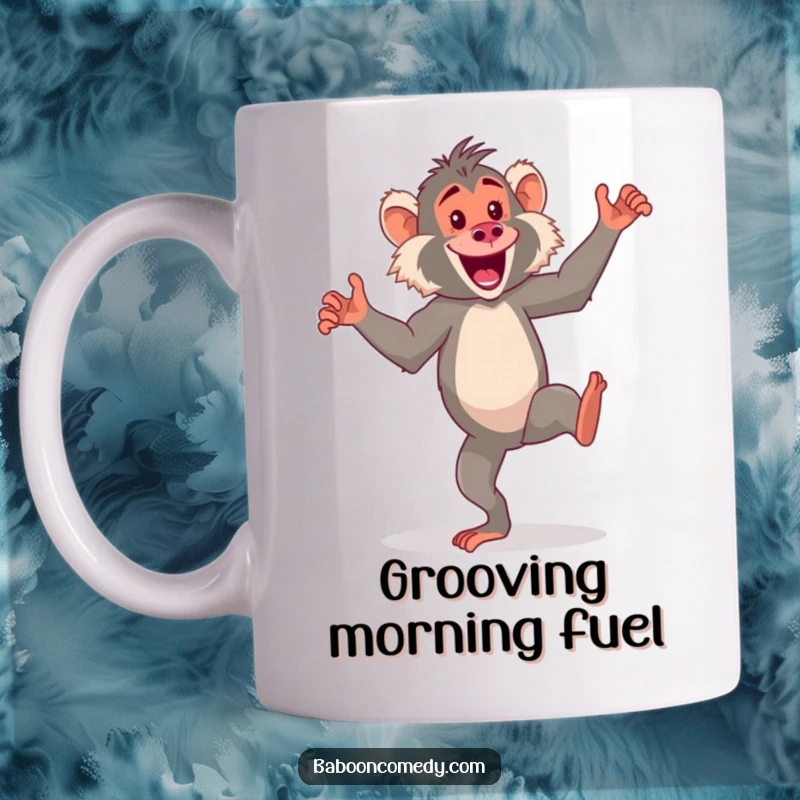 Funny kawaii baboon mug, an energetic primate performing a hilarious, silly dance on its hind legs with pure delight.