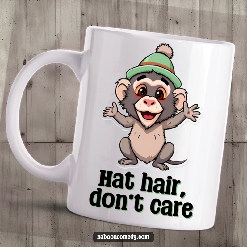Funny baboon mug, a primate wearing a ridiculously silly hat and striking a comical, attention-grabbing pose with a cheeky grin.