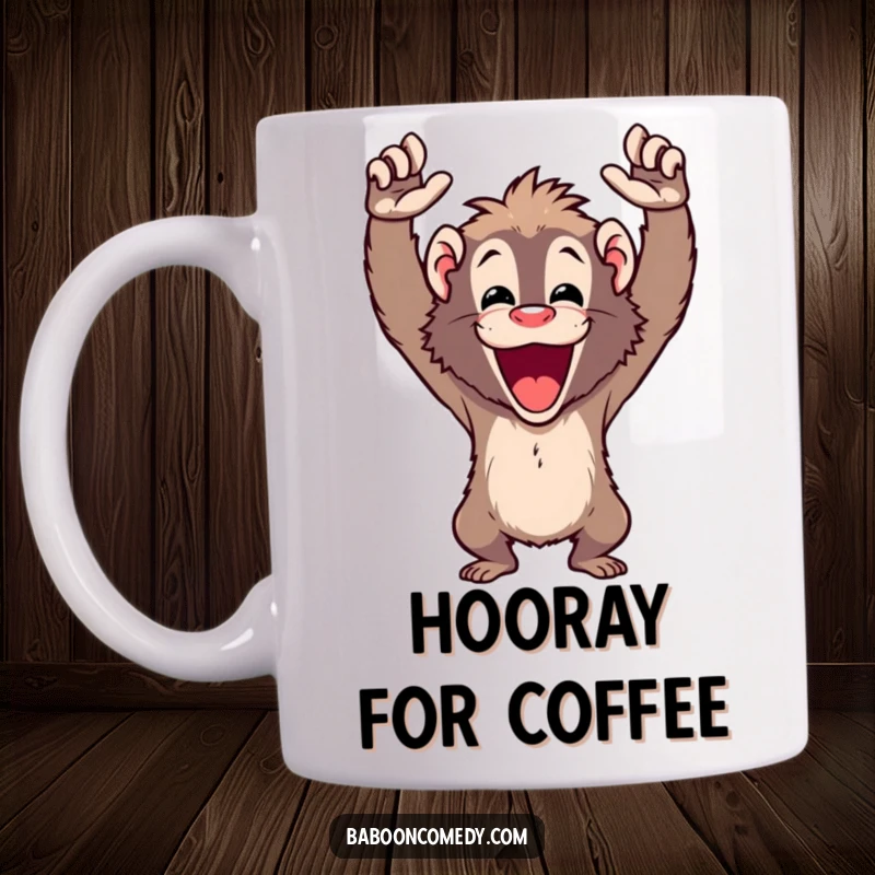 Funny baboon mug featuring a jubilant ape cheering with both arms raised high in a triumphant victory pose.