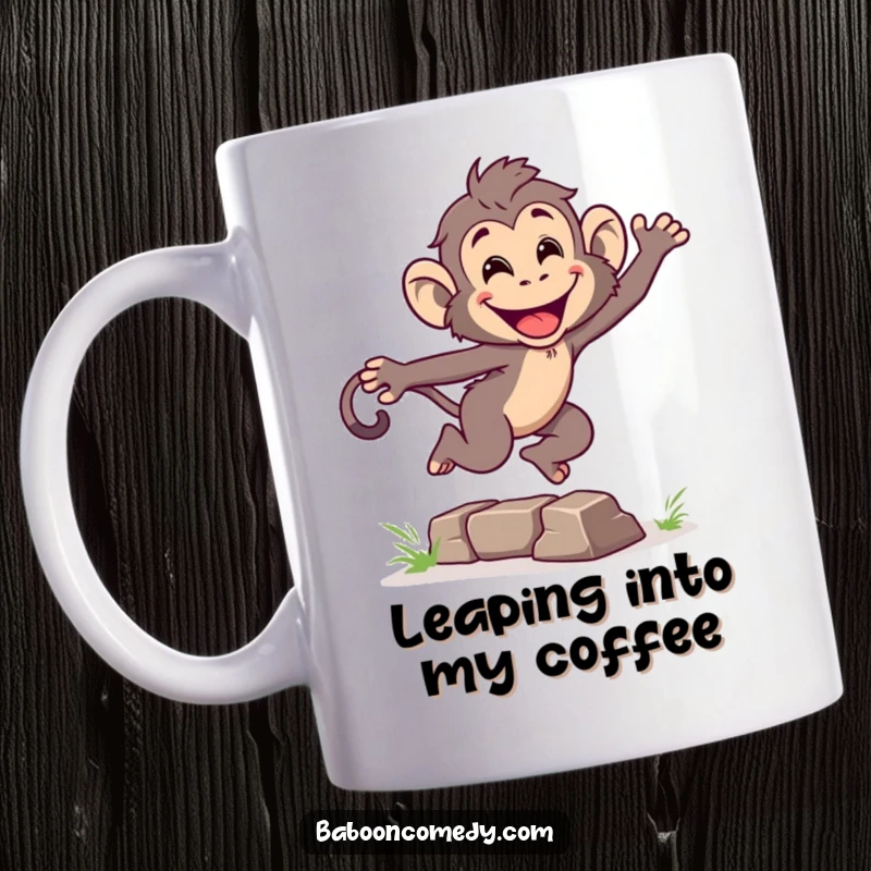 Funny mug depicting an energetic baboon character mid-leap over a small obstacle, sporting a wide, happy grin and primate athleticism.