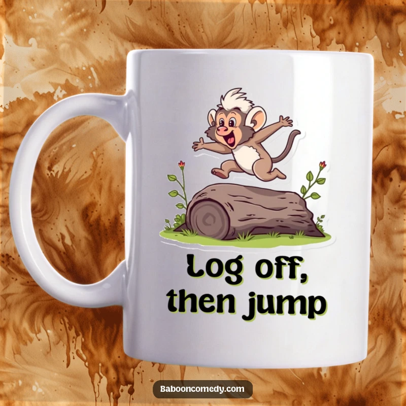 Funny mug showing a baboon mid-air, energetically jumping over a small log with a determined and joyful expression.