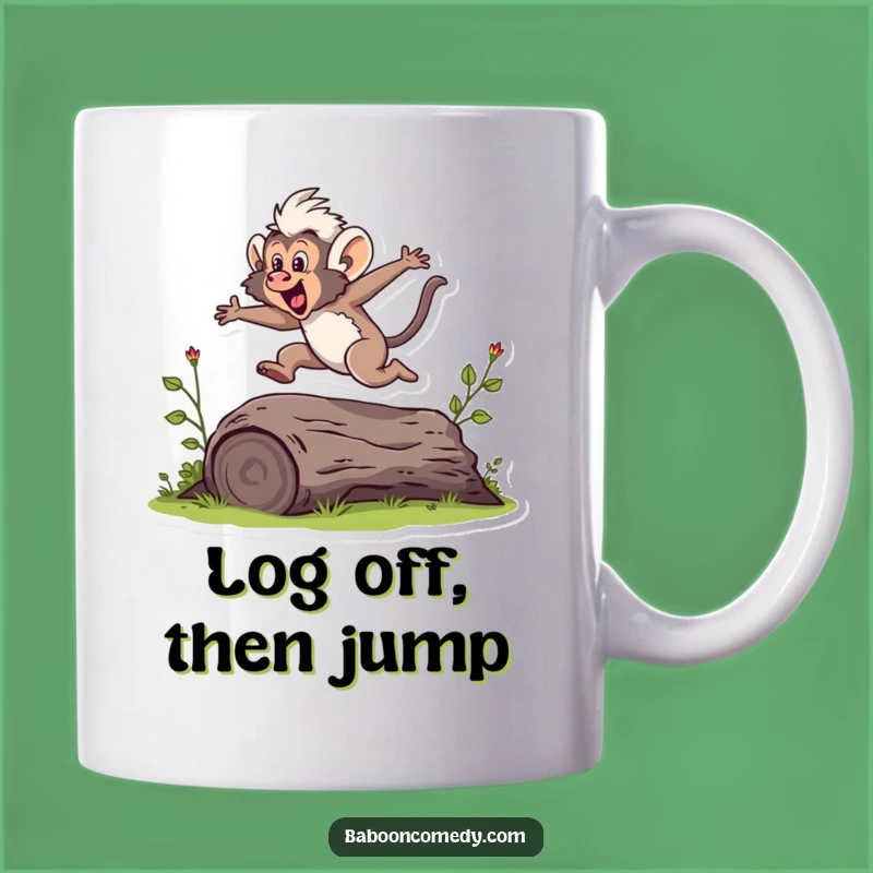 Funny Baboon Jumping Log Mug: Exciting Humorous Gift for Active Friends