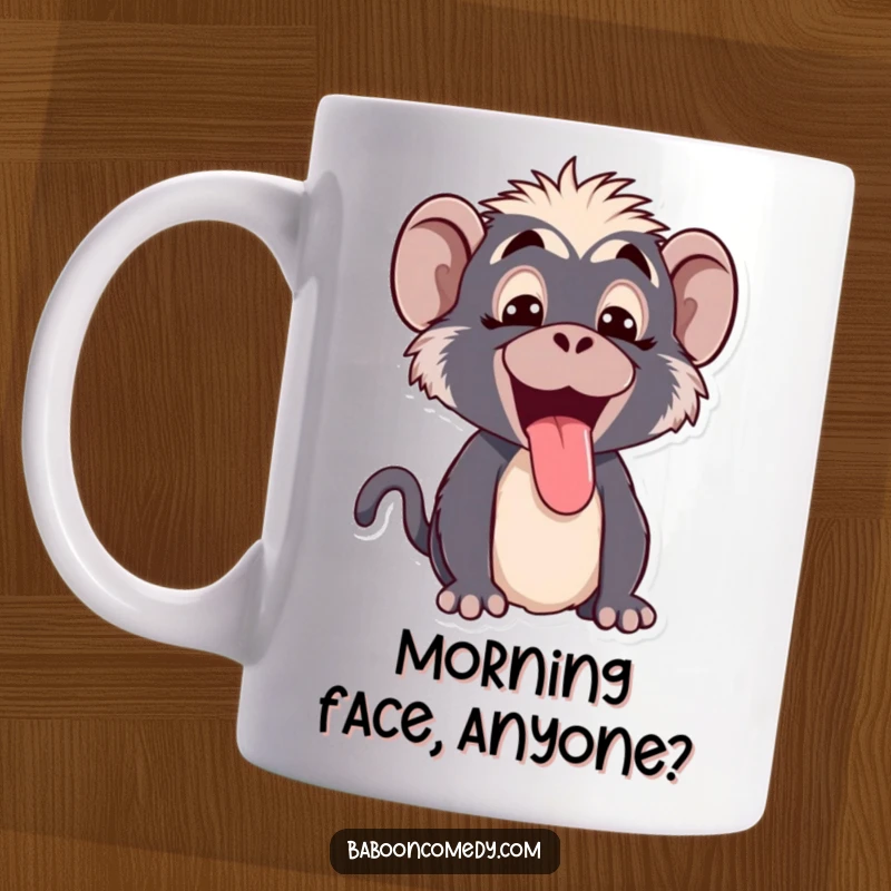 Funny Kawaii baboon mug, featuring a cute primate making a hilarious face and sticking out its tongue playfully.