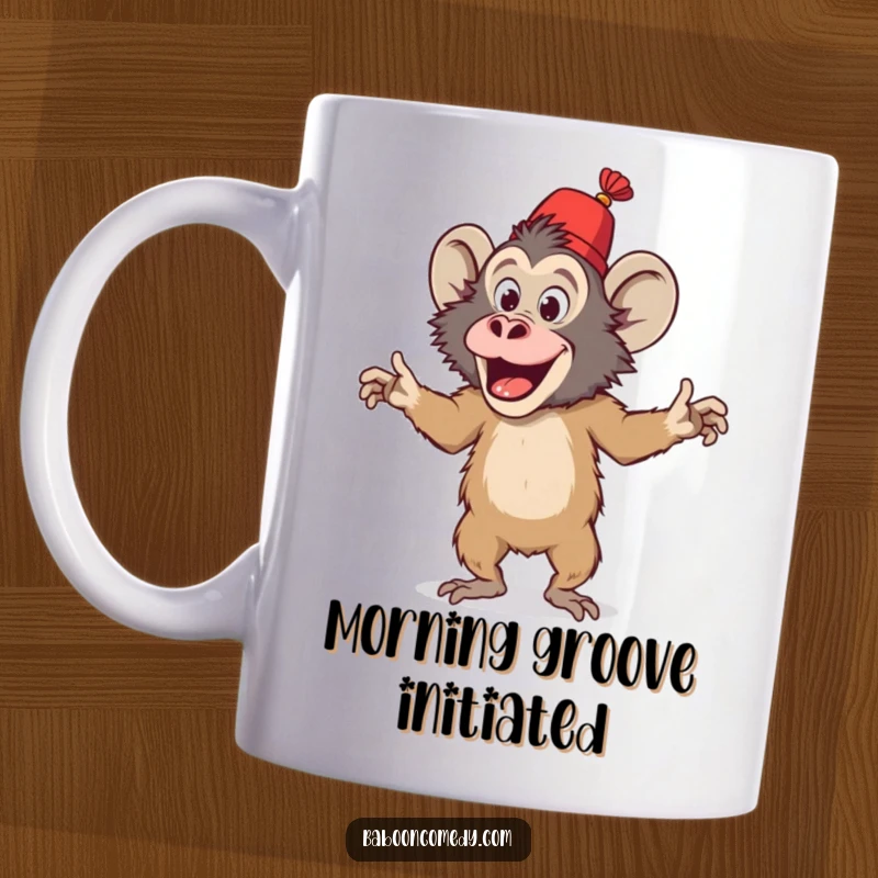 Funny mug features a playful baboon wearing a small red fez, enthusiastically doing a silly dance with joyful abandon.