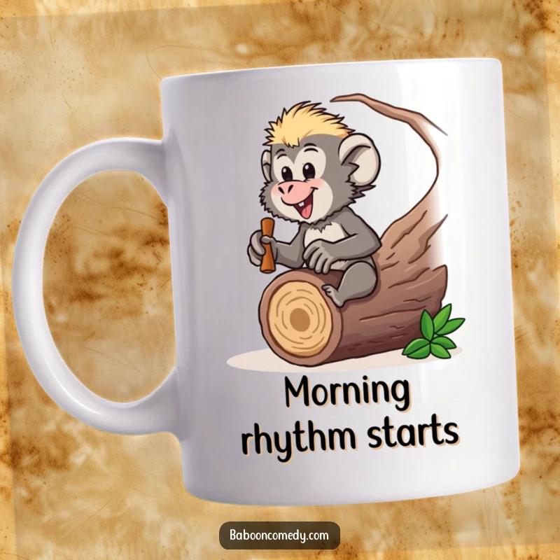 Funny baboon mug showing an excited character drumming on a hollow log, capturing musical energy, a perfect funny gift.