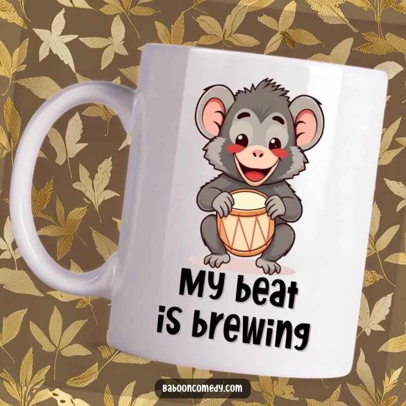 Funny Kawaii Baboon Mug: A happy kawaii baboon plays a tiny drum with a wide, infectious smile, spreading cheerful energy.
