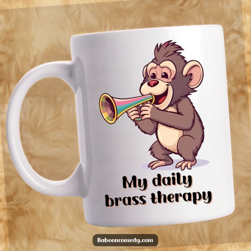 Funny mug featuring a cheerful baboon enthusiastically playing a large, colorful trumpet, spreading musical joy and laughter.