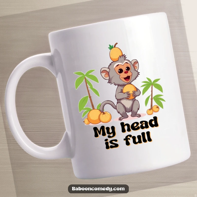 Funny kawaii baboon mug precariously balancing a tall stack of coconuts on its head with wide, worried eyes.