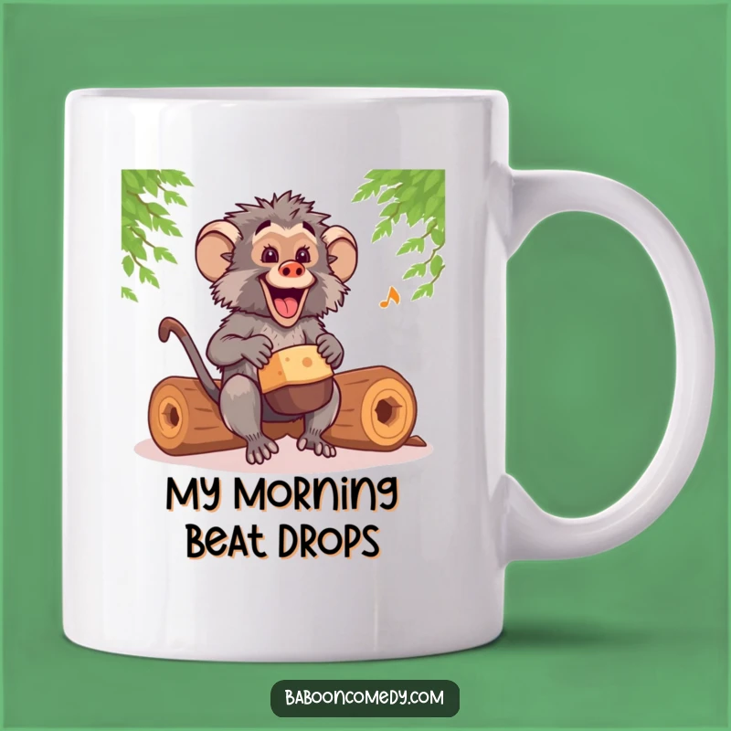 Funny Kawaii Baboon Drummer Mug: Rhythmic Tempo, Hilarious Baboon Gift