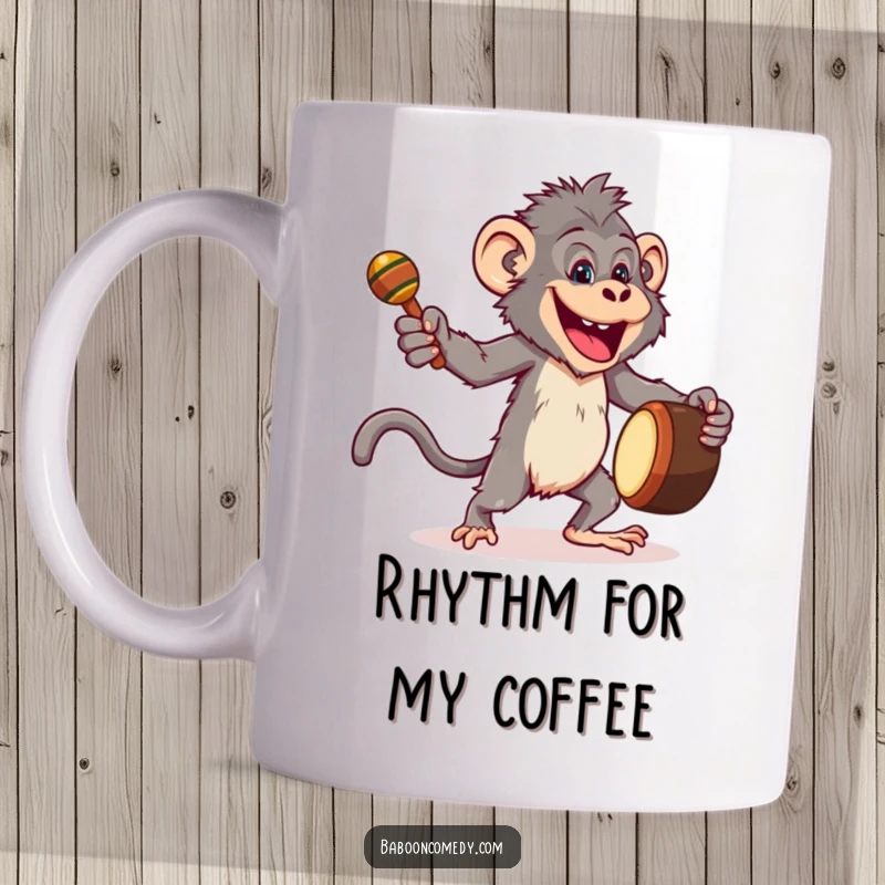 Funny mug featuring a joyful baboon dancing energetically with a drum and maracas, celebrating with infectious enthusiasm.