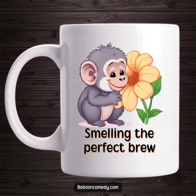 Funny Kawaii baboon mug, gently and curiously examining a large, colorful flower with a sweet smile, embodying peaceful exploration.