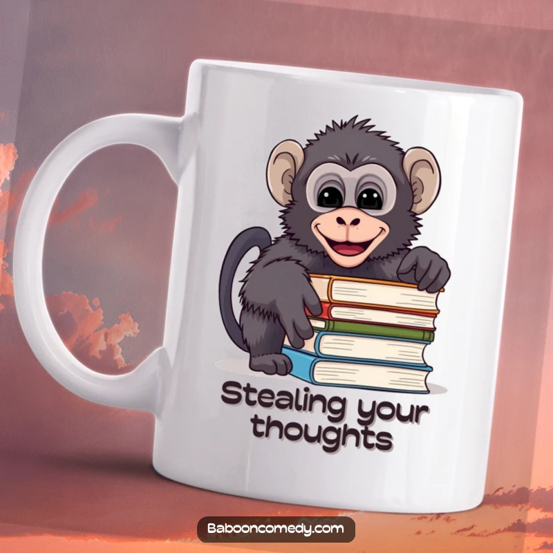 Funny mug featuring a mischievous baboon peeking over a stack of books and giggling, embodying playful curiosity.