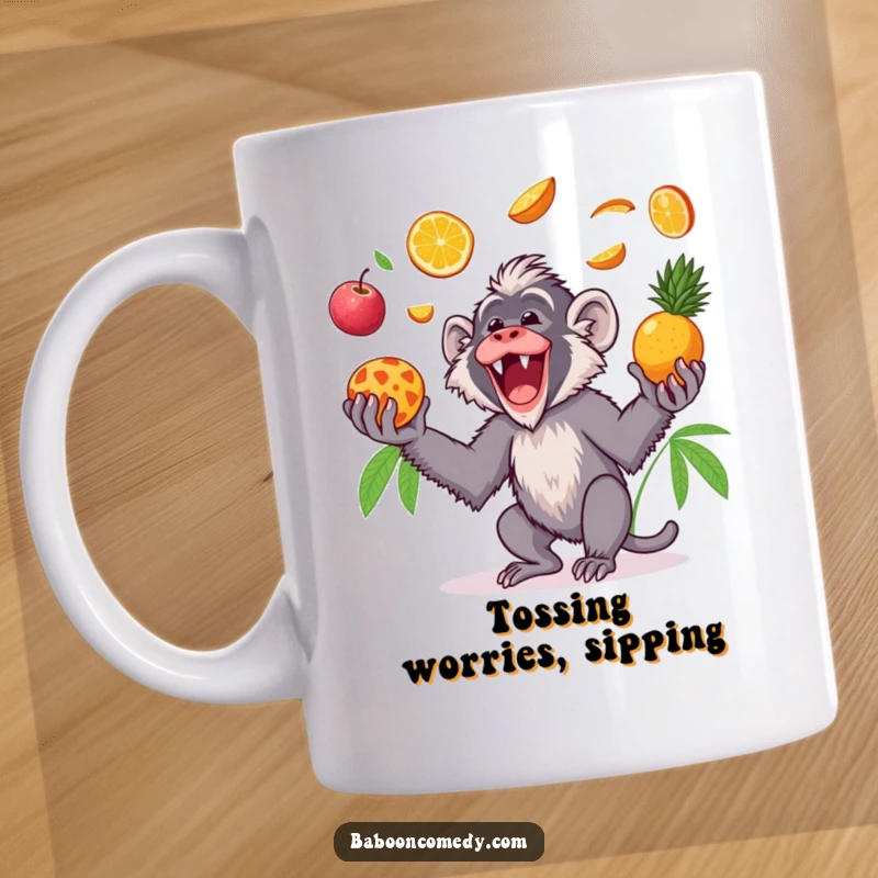 Funny Kawaii baboon mug, gleefully tossing colorful tropical fruits in the air and catching them with pure delight.