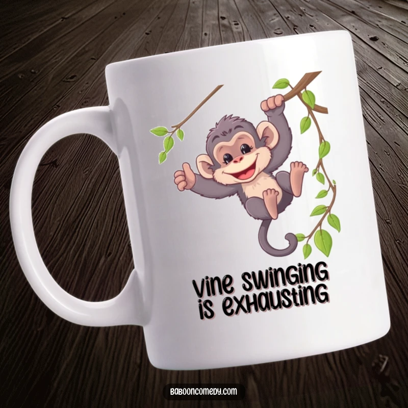 Funny mug featuring a playful baboon swinging from a vine with a wide, mischievous grin, embodying jungle fun.