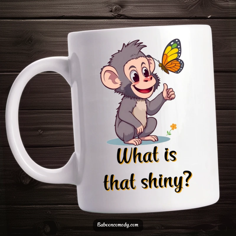 Funny mug featuring a curious baboon pointing with excitement at a beautiful, colorful butterfly, capturing a moment of discovery.