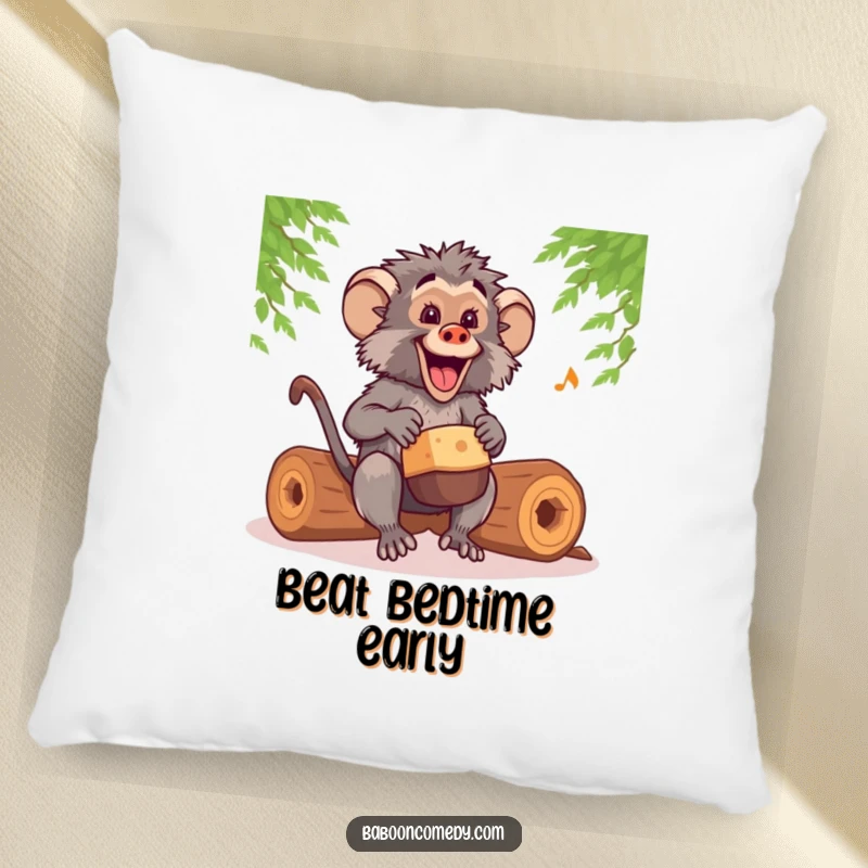 Funny kawaii baboon drummer pillow, lounging comfortably while dreaming of rhythmic drumming on hollow logs, a soft and funny accent.