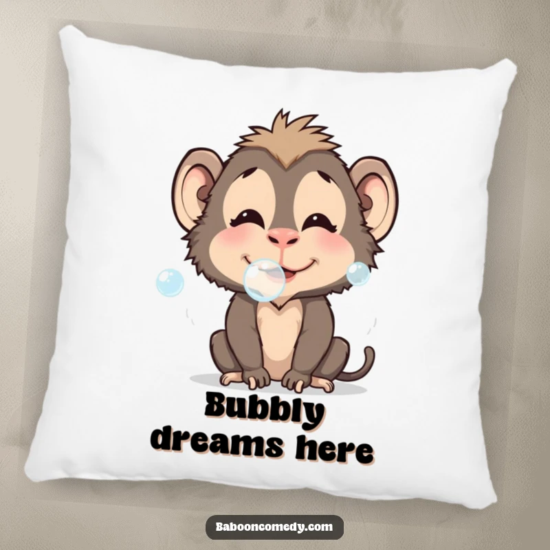 Funny baboon pillow featuring a character blowing bubbles, offering soft comfort and playful whimsy, a sweet funny gift.