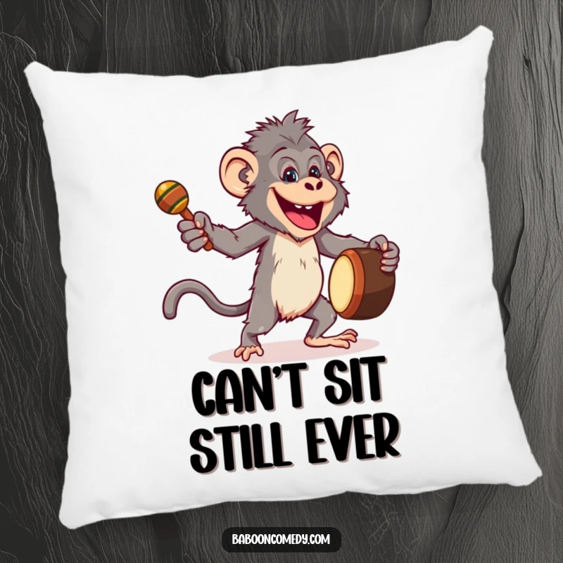 Funny pillow featuring a joyful baboon dancing energetically with a drum and maracas, offering comfort and festive cheer.