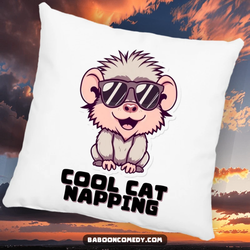 Funny Kawaii Baboon Pillow featuring a cool baboon wearing sunglasses, designed for cozy comfort and humor.