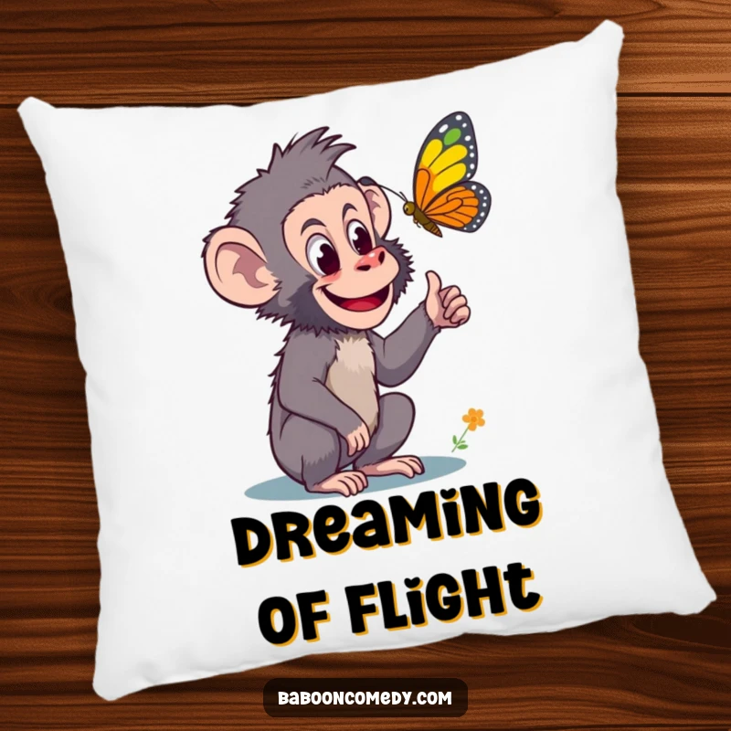 Funny pillow featuring a curious baboon pointing excitedly at a colorful butterfly, providing comfort and a touch of whimsical wonder.