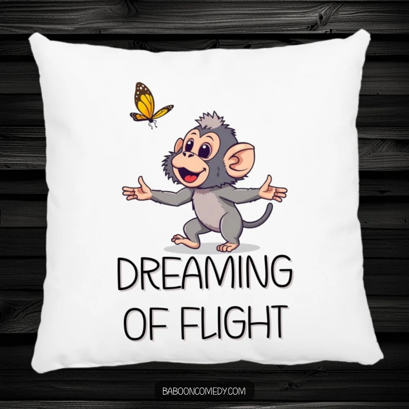 Funny young baboon pillow, a cute primate with arms outstretched, playfully chasing a butterfly, perfect for adding cuddly fun.