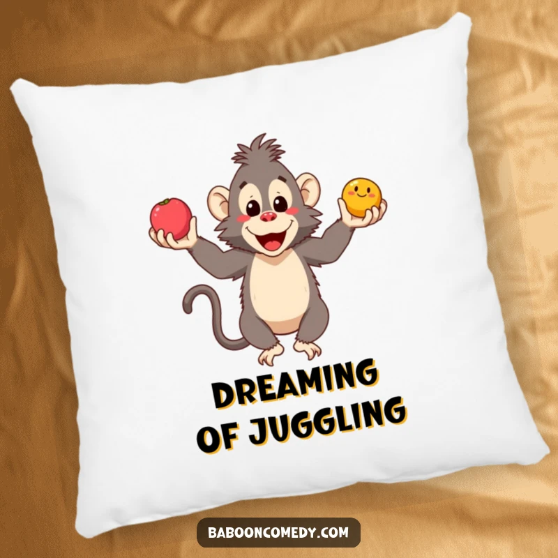 Funny baboon pillow featuring a happy ape juggling three colorful fruits, offering comfort and a dose of pure amusement.