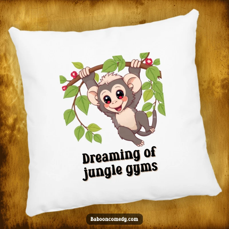 Funny Pillow: Cozy kawaii baboon with wide eyes, swinging from a vine, offering plush comfort and playful jungle vibes.