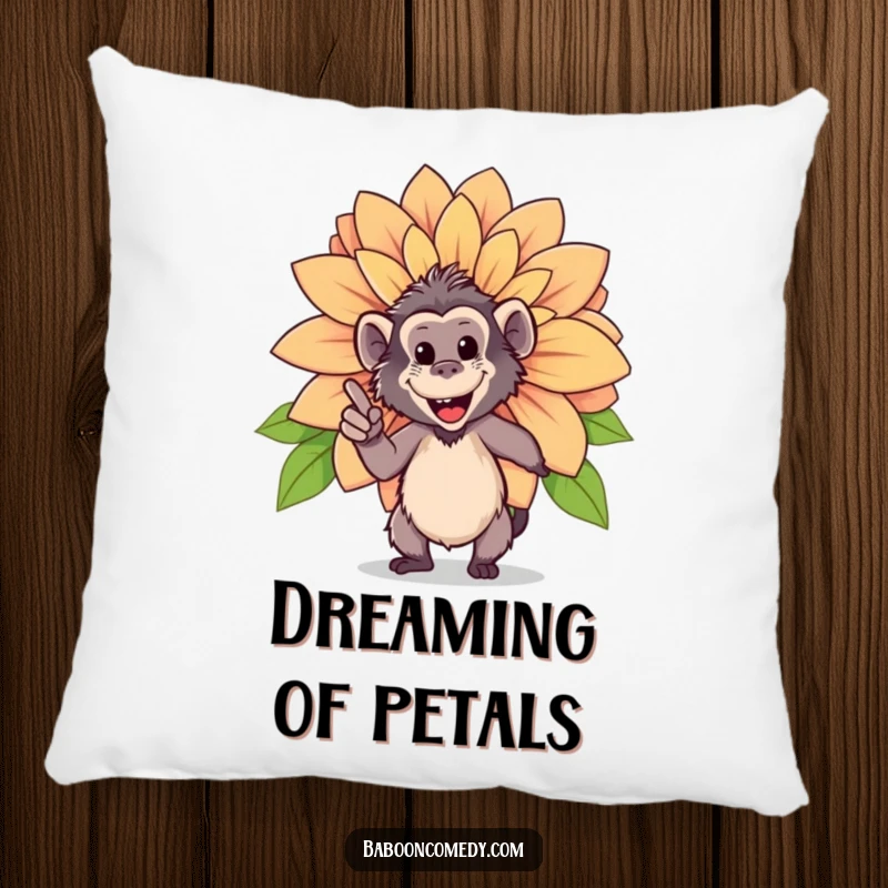 Funny pillow featuring a happy baboon pointing proudly at a giant, blooming flower, a soft and cheerful decorative piece.