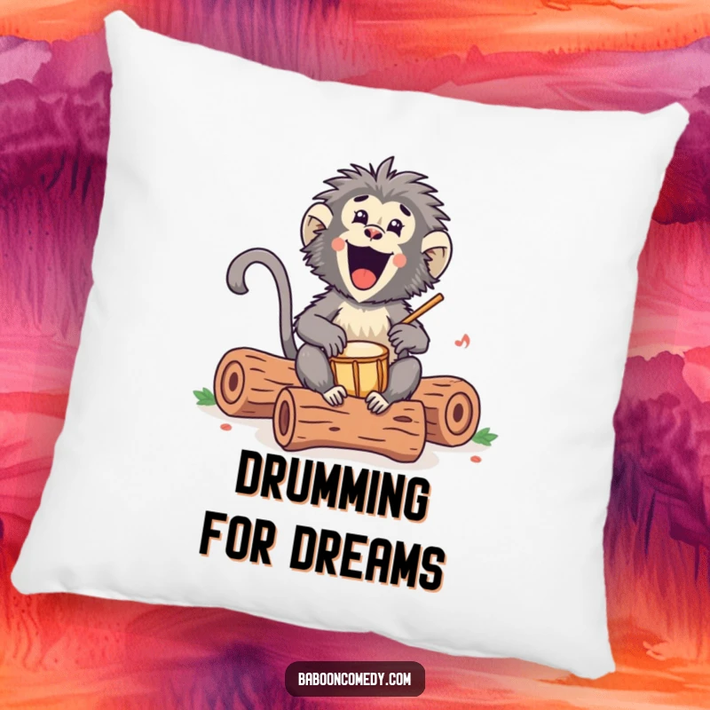 Funny Kawaii baboon pillow, depicting an excited primate drumming on hollow logs with a cheerful, rhythmic tempo, adding playful comfort.