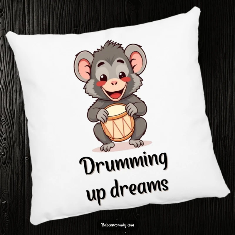 Funny Kawaii Baboon Pillow: A happy kawaii baboon plays a tiny drum with a wide smile, offering cozy and cute decor.
