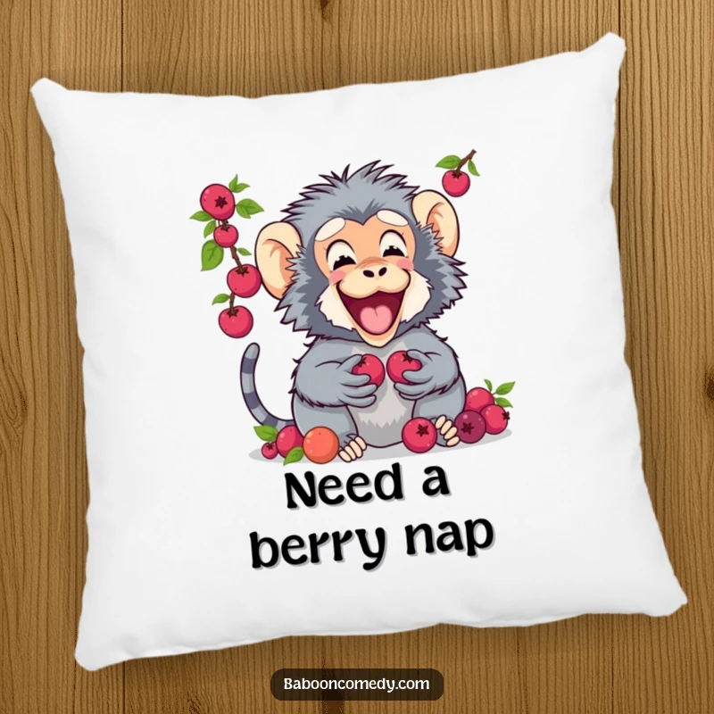 Funny pillow featuring a baboon delightedly presenting a generous pile of berries to its companion, embodying friendship.