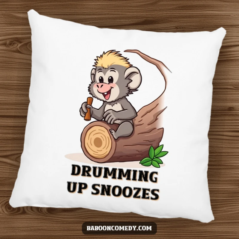 Funny baboon pillow featuring a drumming character, offering cozy comfort and musical vibes, a sweet funny gift.
