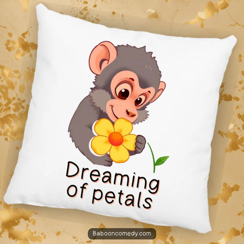 Funny baboon character curiously inspecting a colorful flower, featured on a soft and decorative pillow. Adds comfort and nature's beauty.