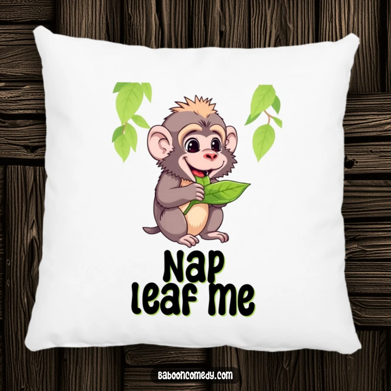 Funny pillow featuring a baboon happily chewing on a tasty leaf, embodying contentment and relaxation.