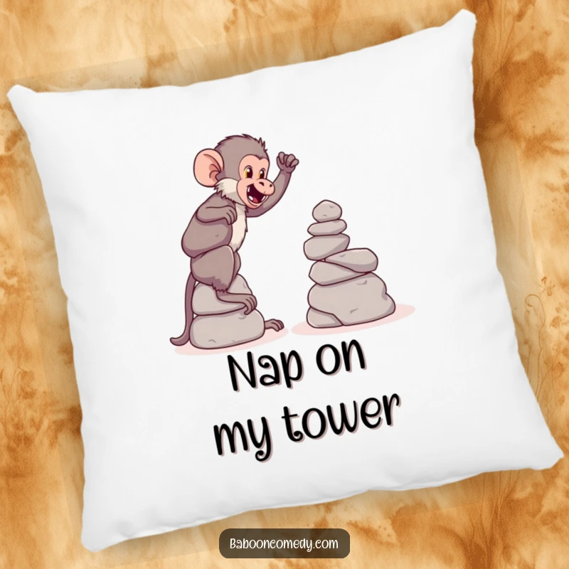 Funny pillow with a playful baboon constructing a tower of large, round stones, bringing a touch of architectural humor.