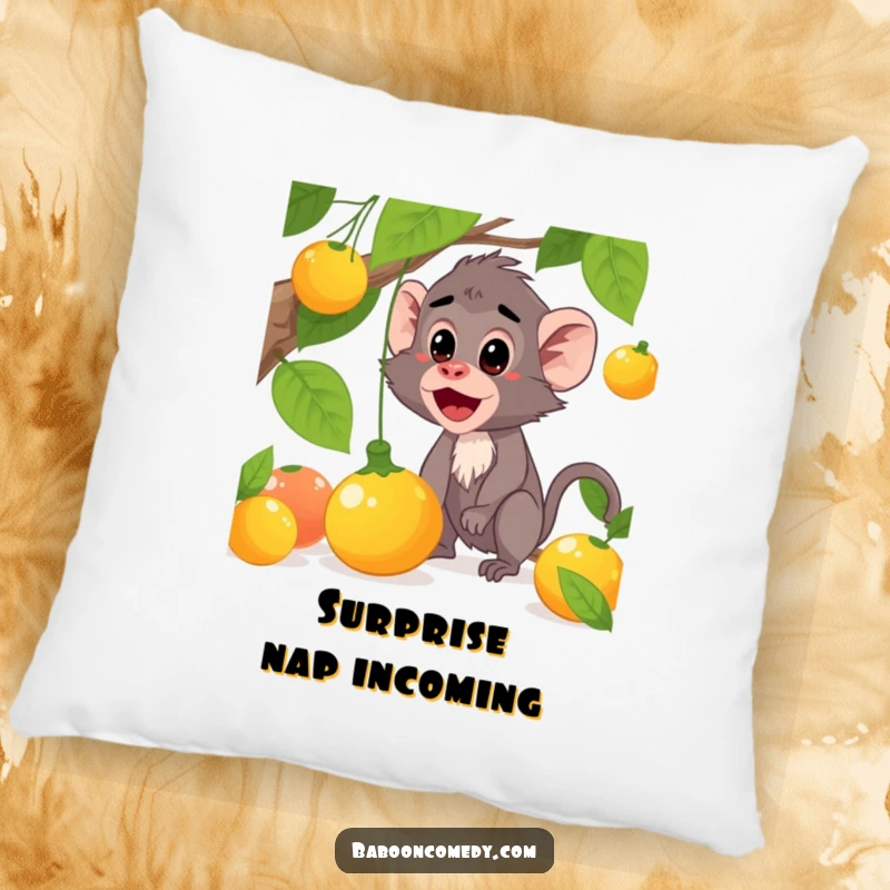 Funny baboon pillow featuring a surprised character and falling fruit, offering soft comfort and humor, a sweet funny gift.