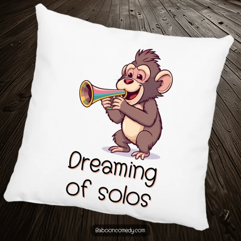Funny pillow showcasing a cheerful baboon playing a large, bright trumpet, a soft and humorous decorative item.