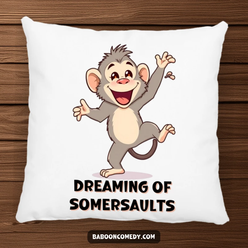 Funny pillow featuring a joyful baboon in mid-cartwheel, arms spread in a happy flourish, offering comfortable primate-themed comedic charm.