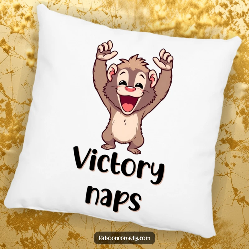 Funny cheering baboon pillow featuring a happy ape with arms raised high in a cheer, offering comfort and joy.