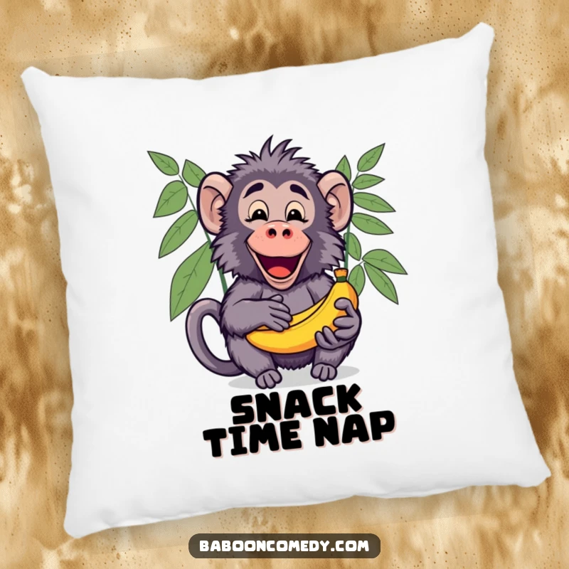 Funny Kawaii Baboon Pillow, depicting a cute baboon excitedly sharing a bunch of ripe bananas with an open palm.