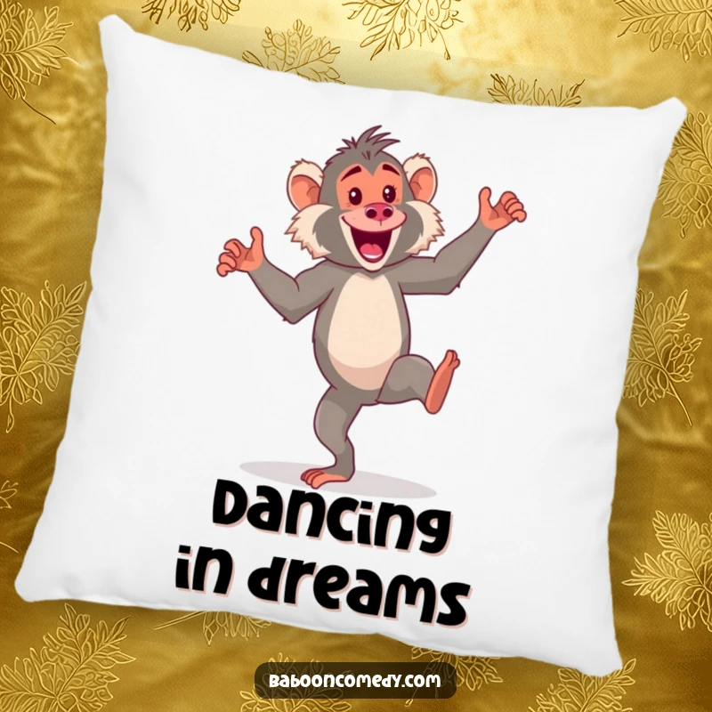 Funny kawaii baboon pillow, an energetic primate doing a silly dance on its hind legs, offering soft, humorous comfort.