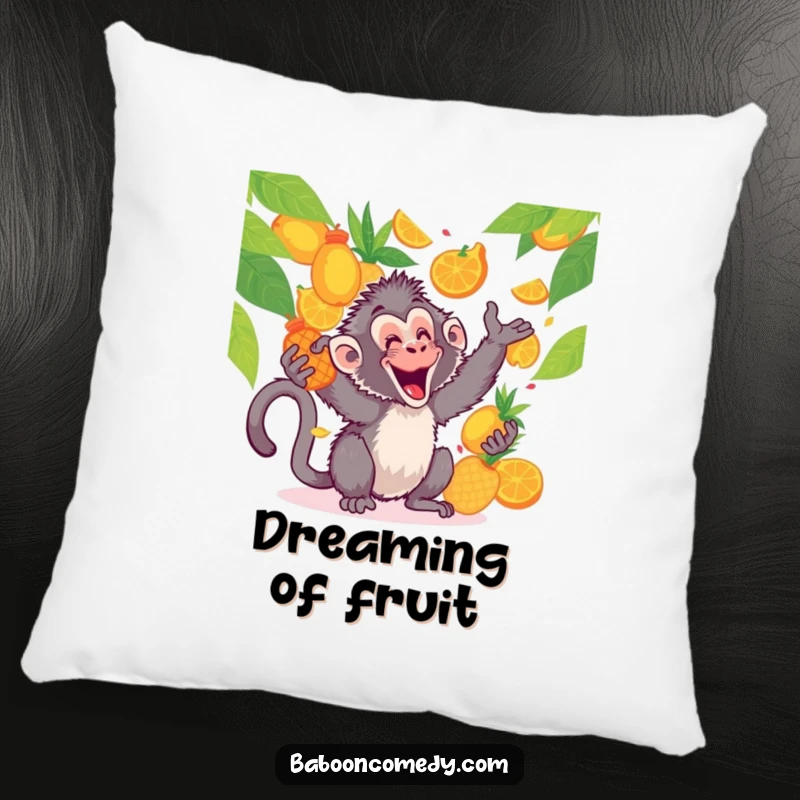 Funny kawaii baboon fruit pillow, lounging happily with a pile of tossed fruits, soft, cozy, and full of glee.