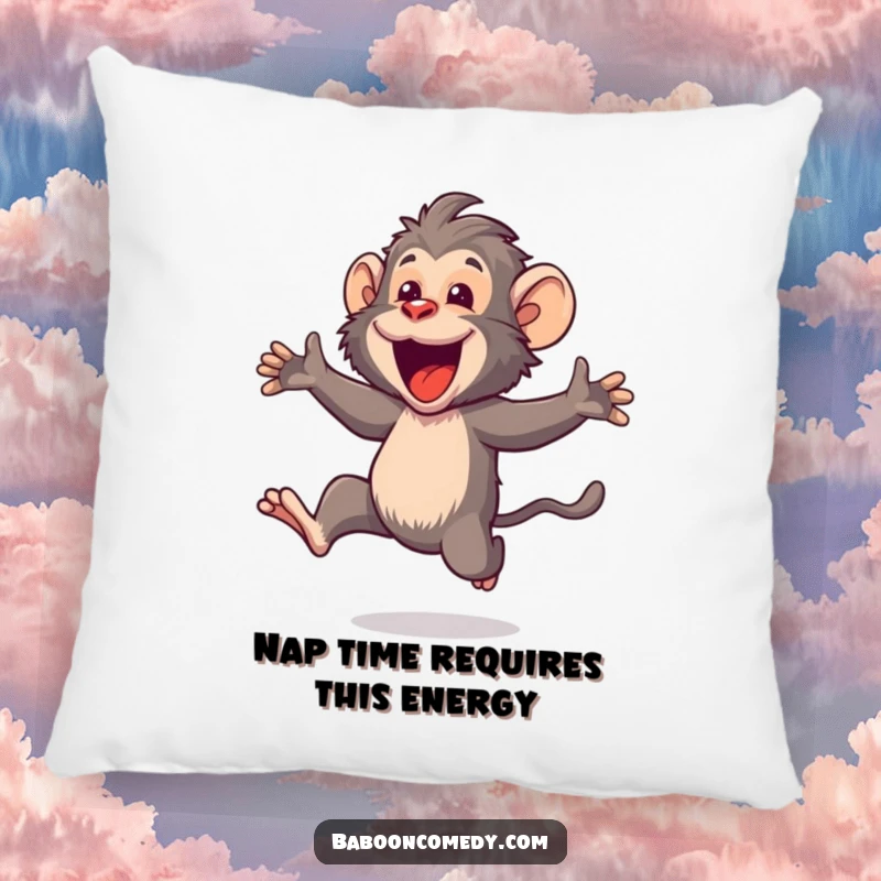Funny Kawaii baboon pillow, showcasing a cute primate joyfully leaping with an open mouth, designed for ultimate comfort and cheer.