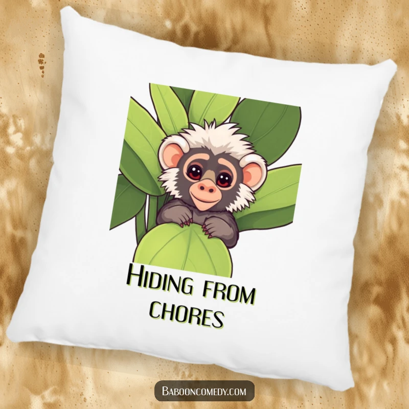 Funny Kawaii Baboon Pillow, depicting a cute baboon peeking mischievously from behind a large, leafy plant.