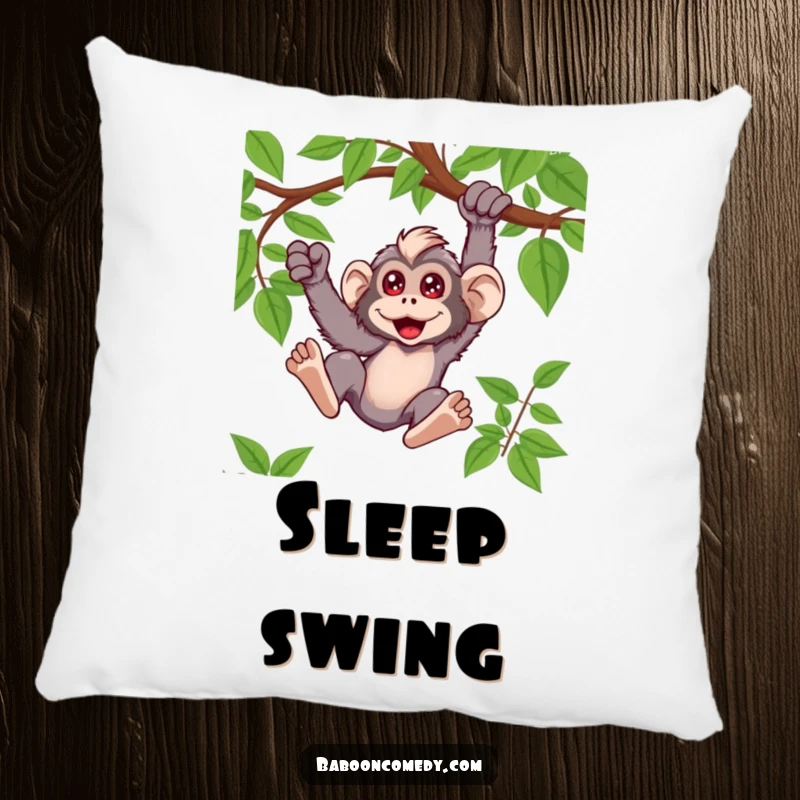 Funny kawaii baboon pillow graphic of a primate joyfully swinging from a vine, soft and huggable for fun.
