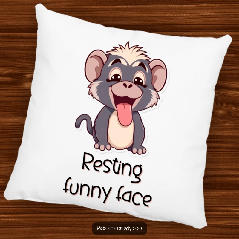 Funny Kawaii baboon pillow, designed with a cute baboon making a funny face and sticking its tongue out playfully.