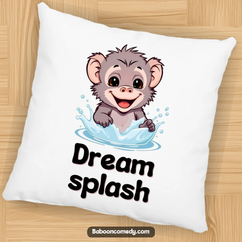 Funny kawaii baboon pillow graphic of a happy primate splashing water, soft and inviting for comfort.