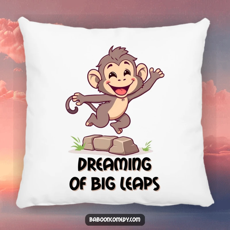 Funny pillow featuring an energetic baboon leaping over a small obstacle with a grin, offering comfortable primate-themed action.