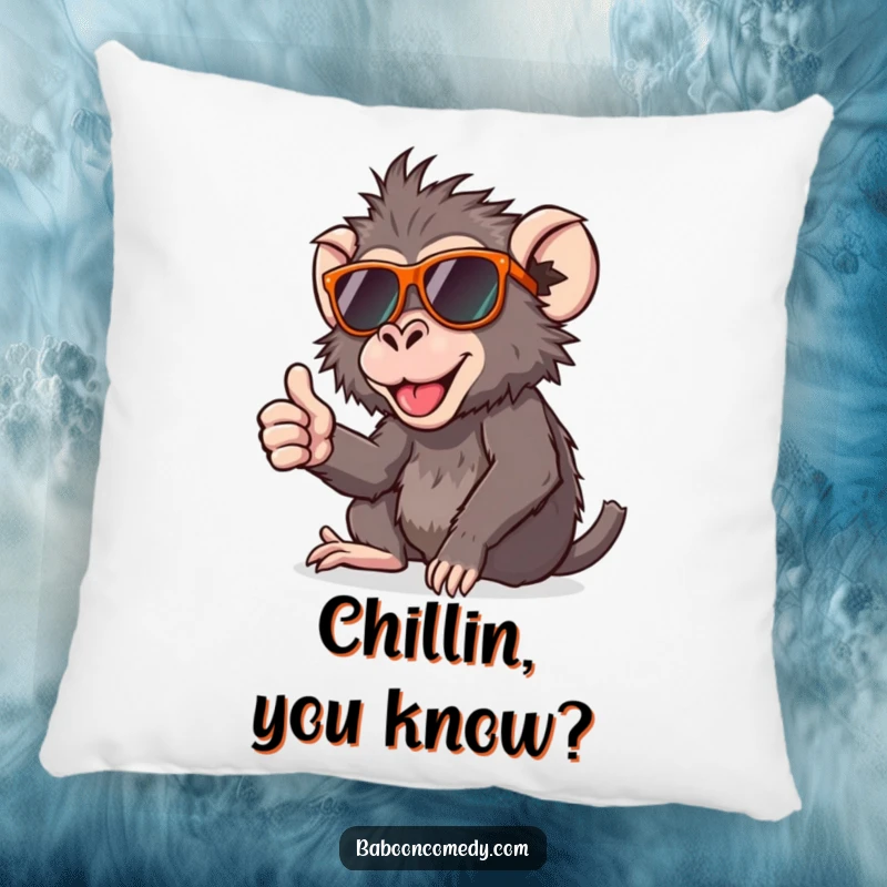 Funny pillow featuring a relaxed baboon wearing sunglasses and giving a friendly thumbs up, perfect for cozying up.